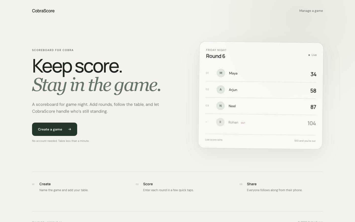 CobraScore homepage